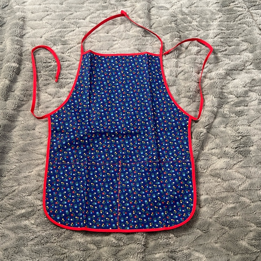 Blue Floral Kids Apron with Red Trim
